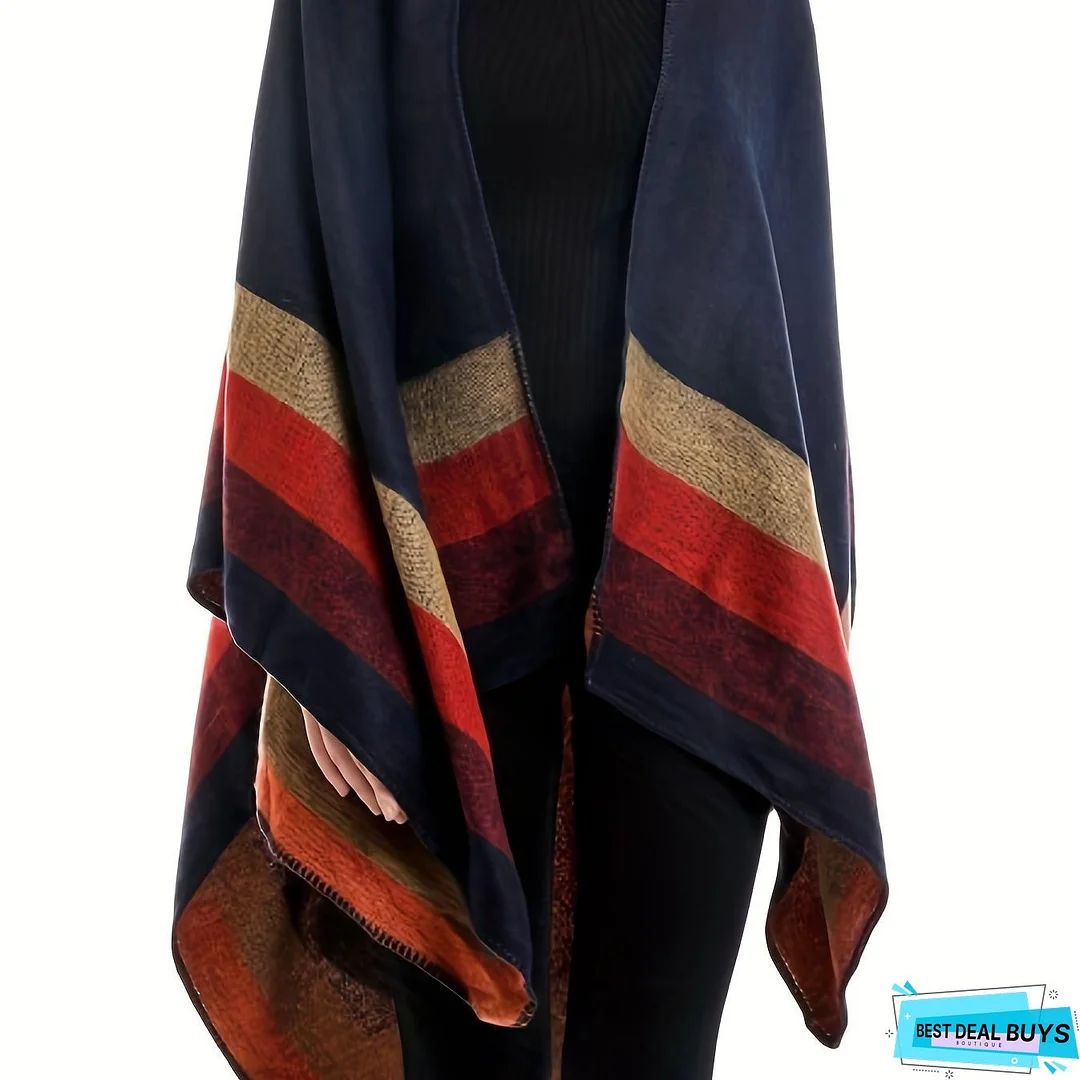 Striped Pattern Shawl Tunics, Vintage Open Front Tunic Tops, Women's Clothing