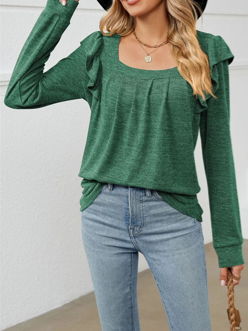 Women's Solid Color Stitching Square Collar Long Sleeve Top