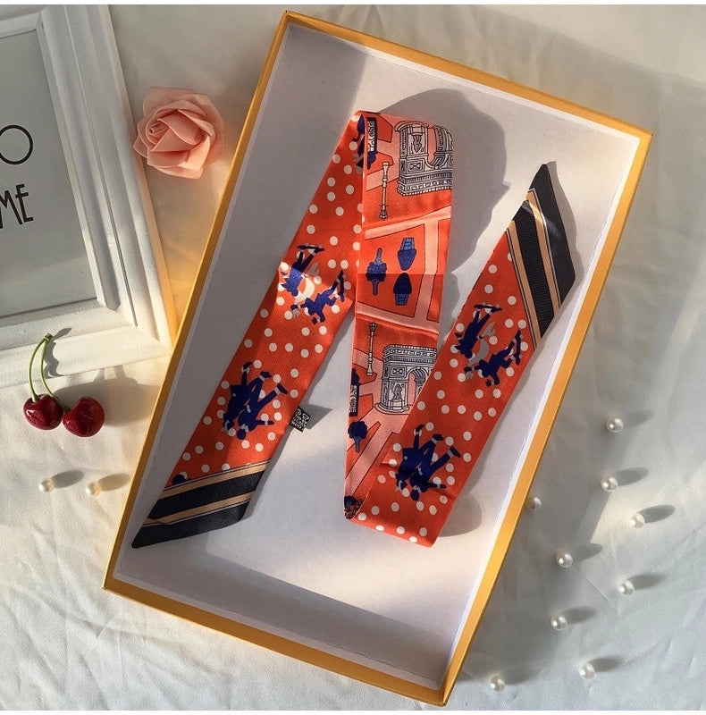 Women’s Minimalist Classic Style Color Block Satin Printing Silk Scarf