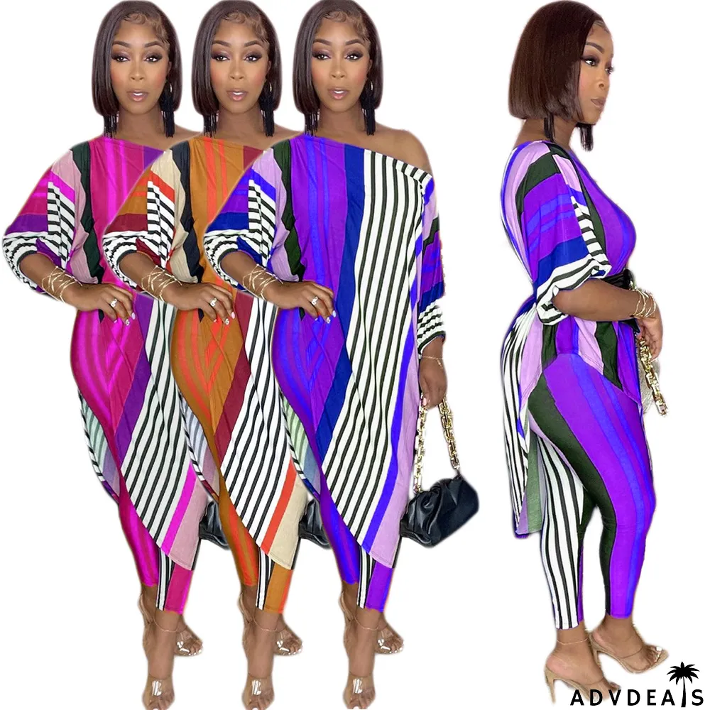 Women's Fashion Casual Loose Plus Size Slash Shoulder Pant Two Piece