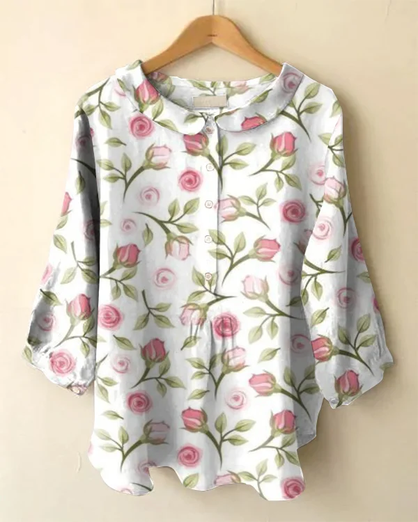 Vintage Floral Print Long Sleeve Peter Pan Collar Shirt