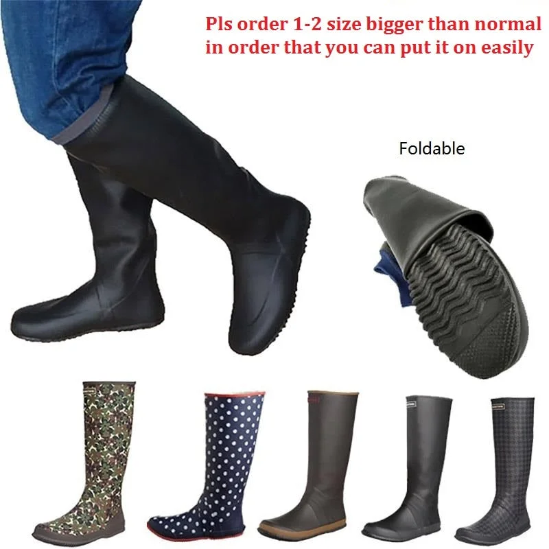 Japan Style Soft Women High Rainboots, Portable Men Foldable Natural Rubber Shoe,BLACK Galoshes,Garding Field Planting Shoes,