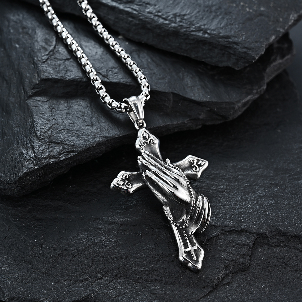 Retro Style Praying Hands Titanium Steel Necklace Cross Jewelry Niche Pendant