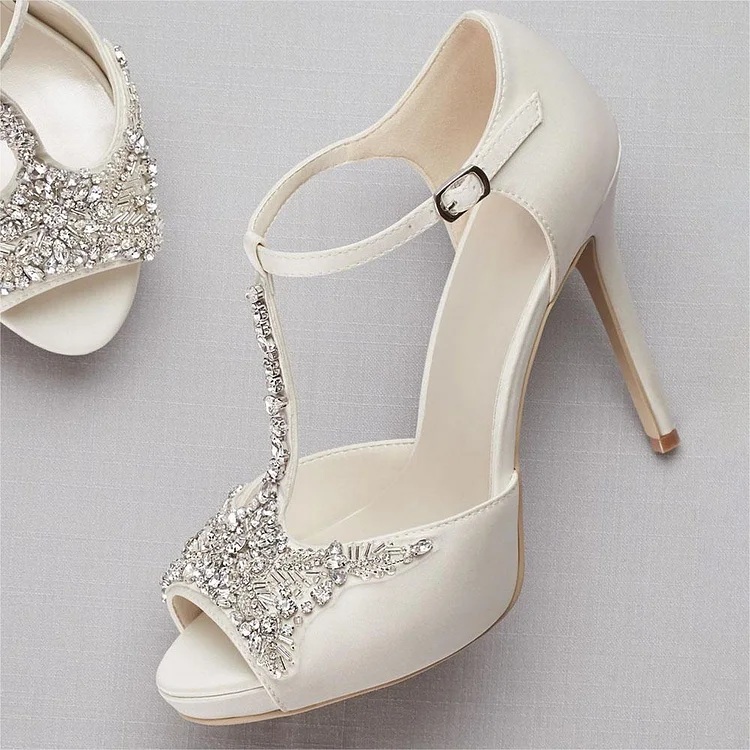 Custom Made White T Strap Bridal Heels |FSJ Shoes