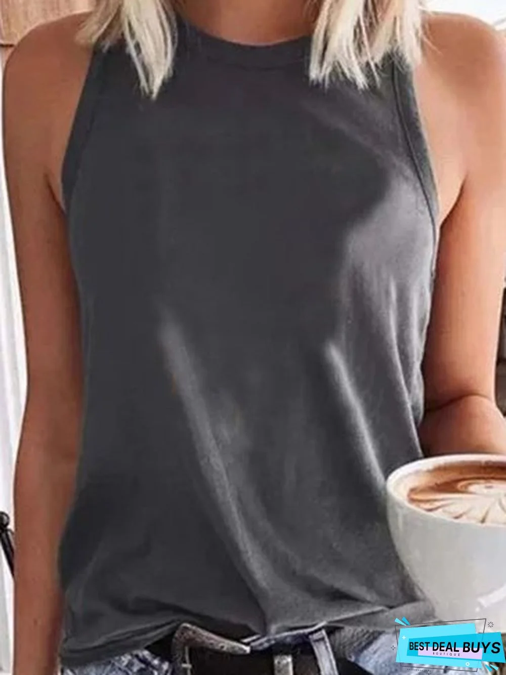 Crew Neck Solid Cotton-Blend Sleeveless Tank & Cami