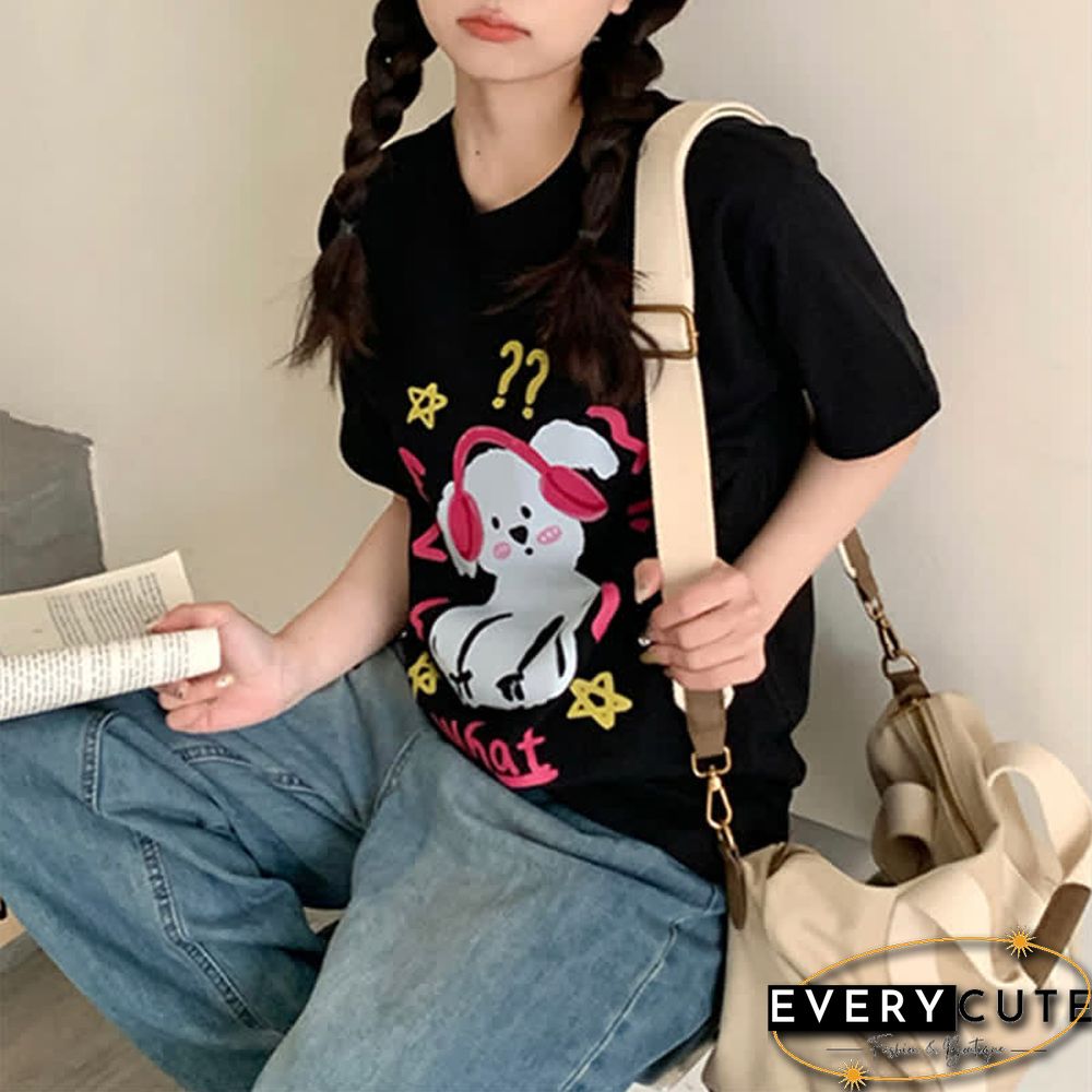 Kawaii Letter Puppy Print Round Collar Oversized T-Shirt