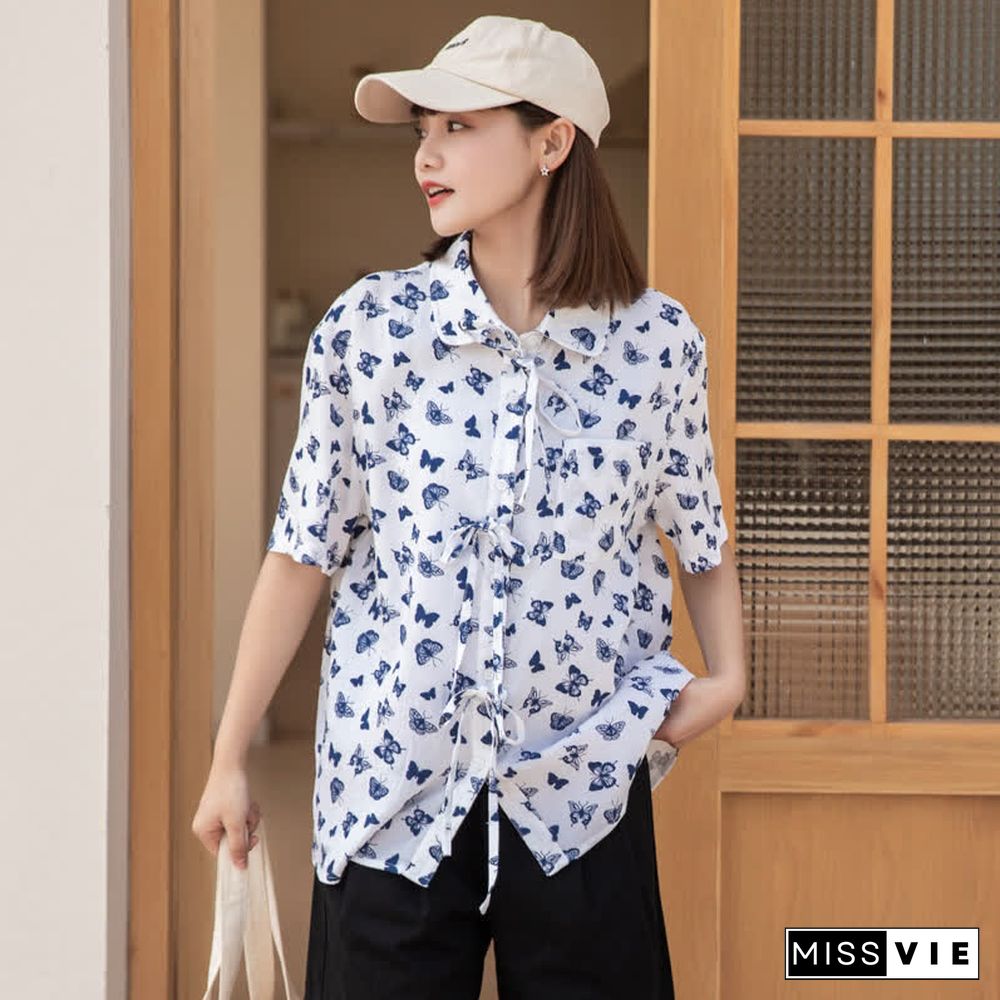 Vintage Butterfly Print Pocket Lace Up Loose Polo Shirt