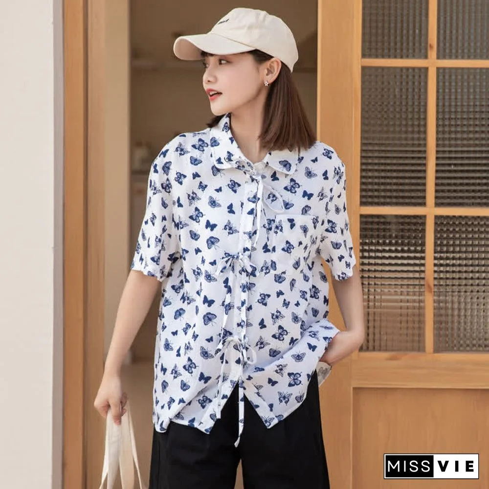 Vintage Butterfly Print Pocket Lace Up Loose Polo Shirt