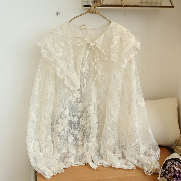 Queenfunky cottagecore style Sheer Embroidered Lace Blouse QueenFunky