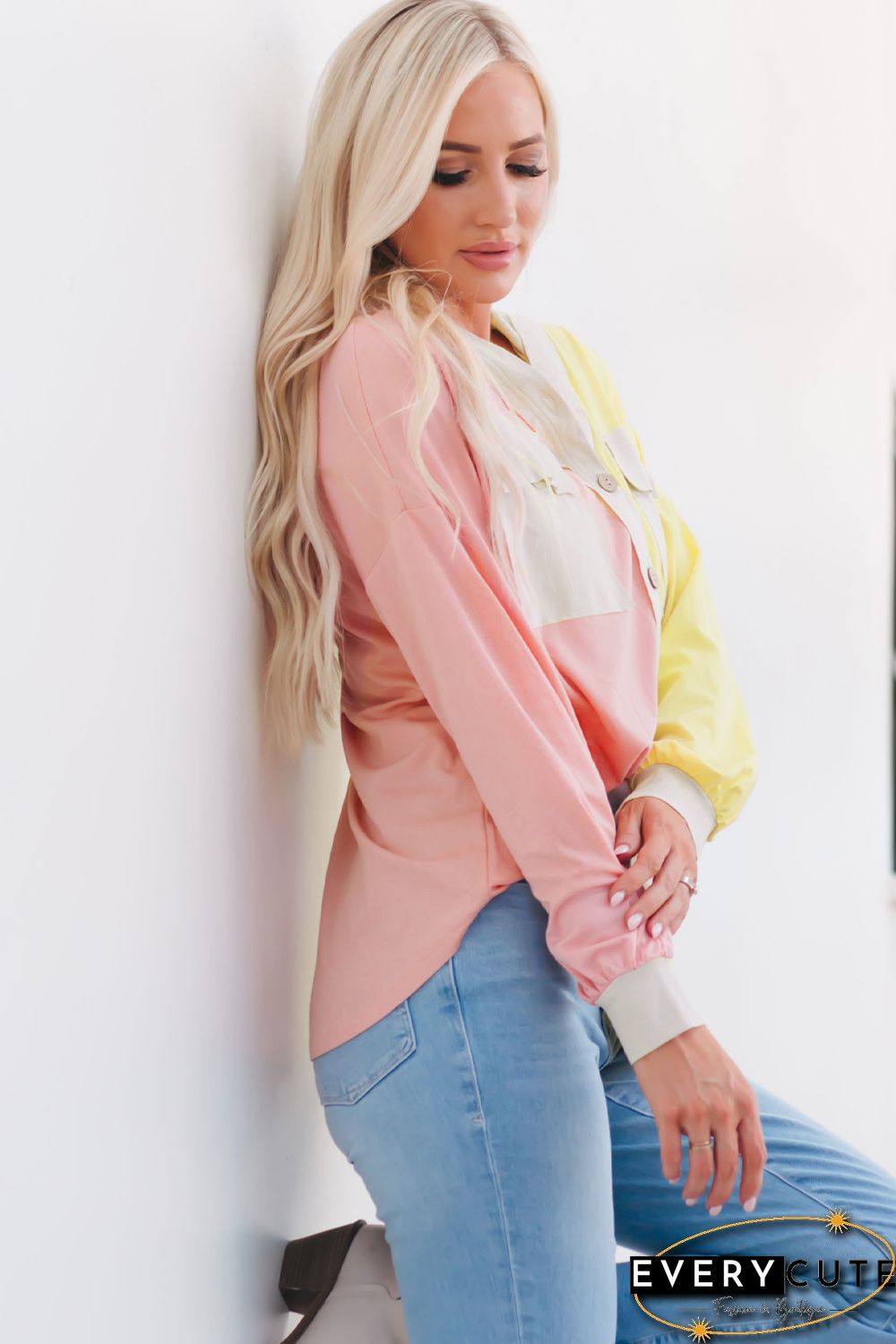 Multicolor Color Block Pocketed Button Down Shirt Jacket with Hood