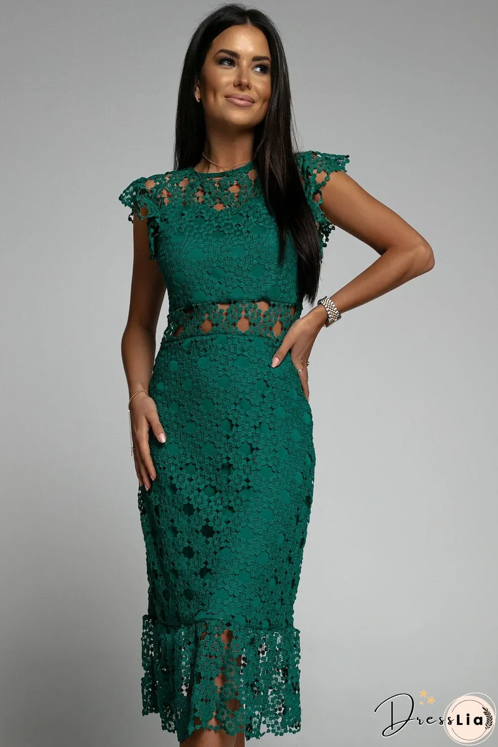 Green Lace Lined Midi Dress
