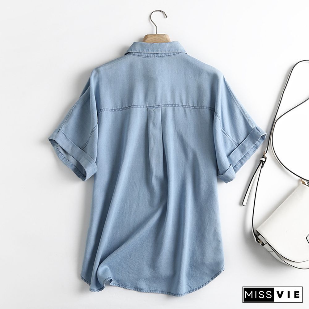 Blue Buttoned Short Sleeve V Neck Tops
