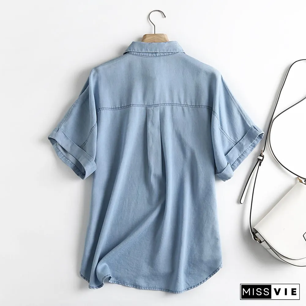 Blue Buttoned Short Sleeve V Neck Tops