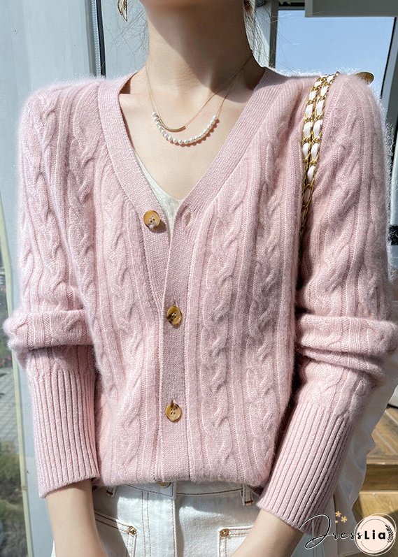 Italian Pink V Neck Solid Cable Wool Knit Cardigans Fall