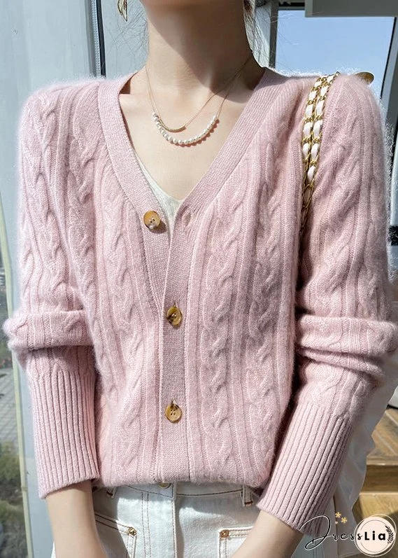 Italian Pink V Neck Solid Cable Wool Knit Cardigans Fall