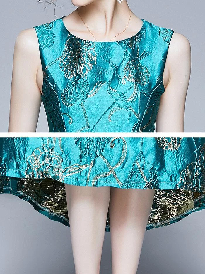 Green round neck sleeveless jacquard dovetail irregular dress