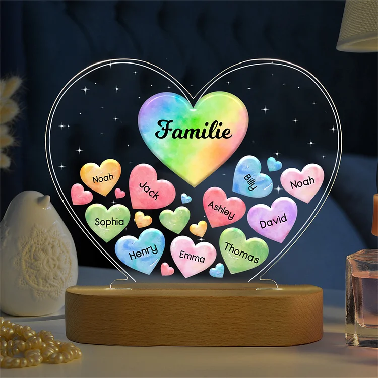 Personalisierte 10 Namen & Text Herz Familie Nachtlicht Geschenk für Großmutter/Mutter zum Muttertag