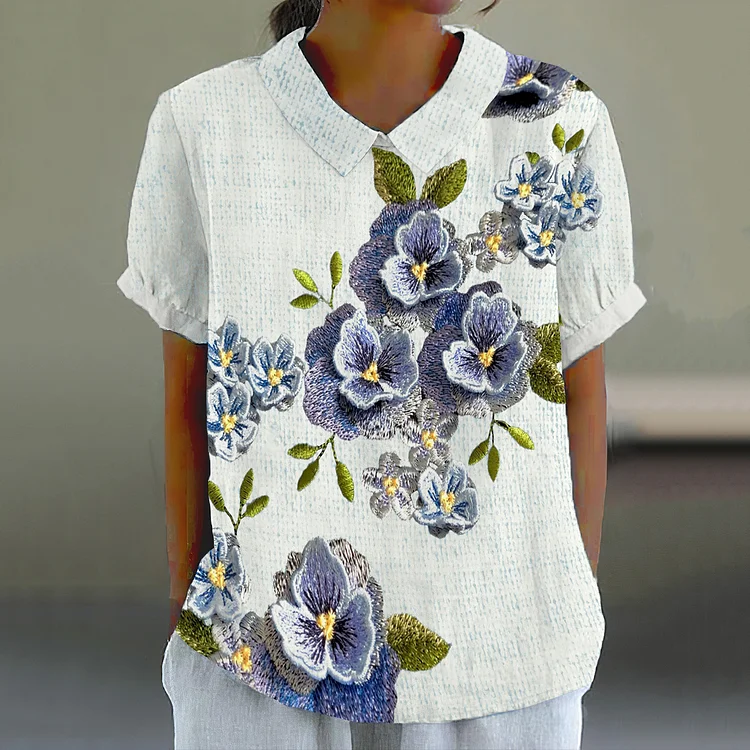 Comstylish Women's Retro Pansy Embroidery Art Lapel Shirt