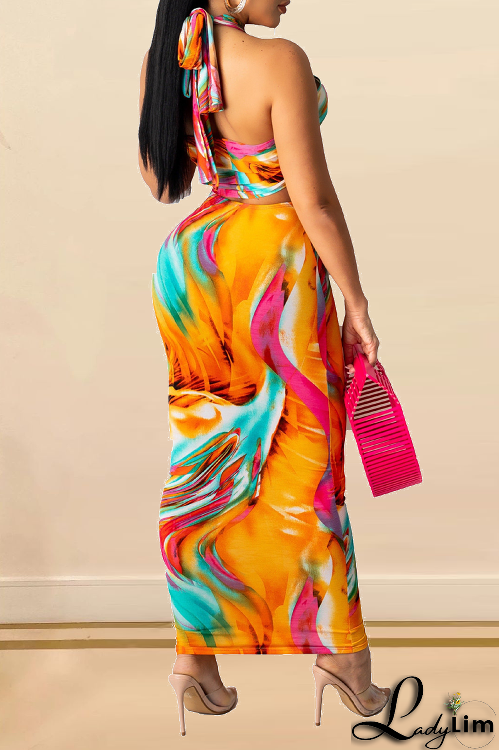 Blue Sexy Print Split Joint Halter Sleeveless Two Pieces