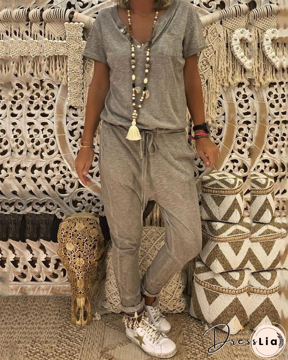 Cotton-blend Casual Crew Neck Solid Plus Size Jumpsuit