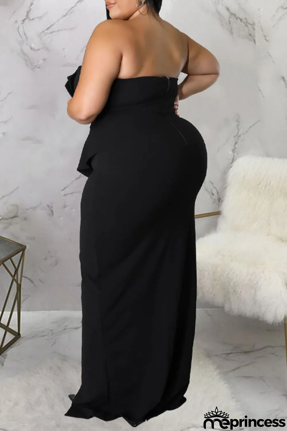 Black Sexy Solid Patchwork Flounce Slit Asymmetrical Strapless Evening Dress Plus Size Dresses