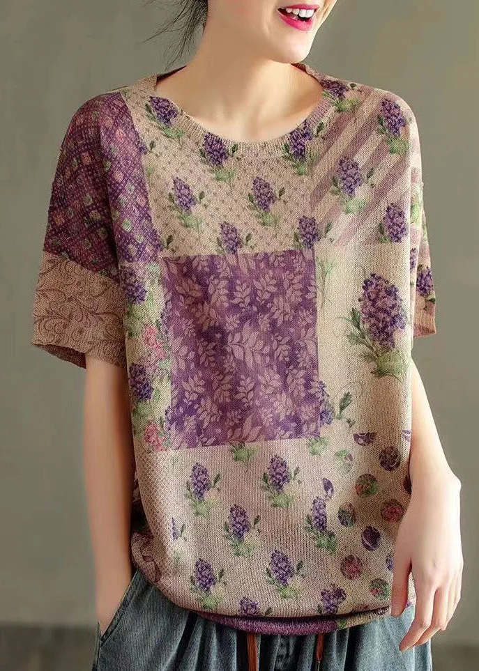 Beautiful Purple O Neck Print Patchwork Thin Cotton Knit Tops Summer