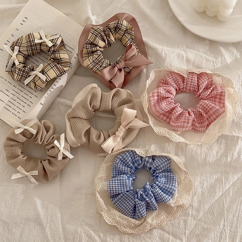 Women’s IG Style Sweet Plaid Bow Knot Cloth Rib-Knit Lace Rivet Hair Tie
