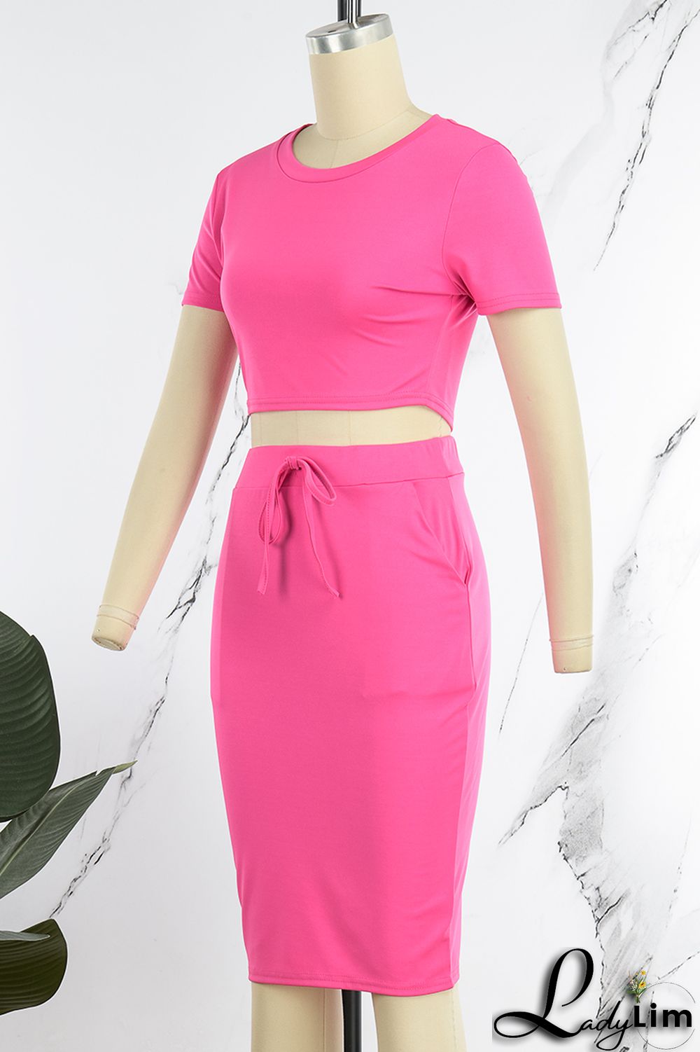 Rose Red Casual Solid Basic O Neck Short Sleeve Two Pieces