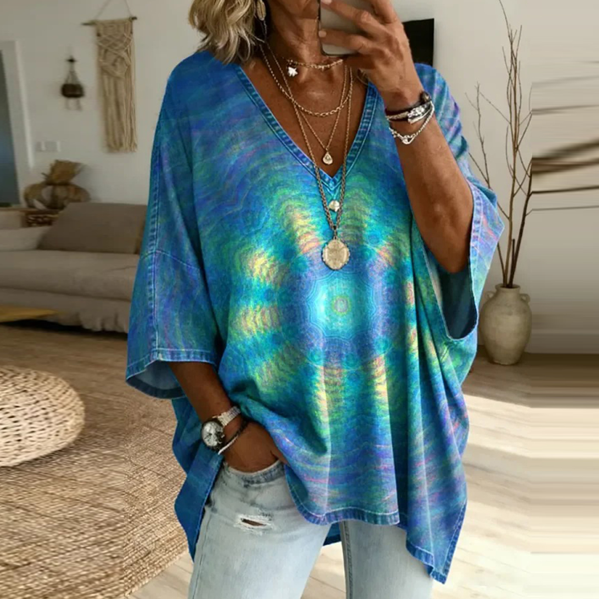 Women's Kaleidoscope Tie-dye Print Casual Top elevenforest