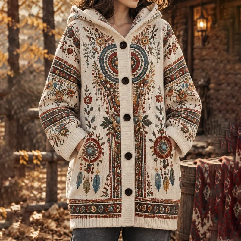 Comstylish Women's Retro Ethnic Dreamy Mesh Print Color-block Cardigan Sweater