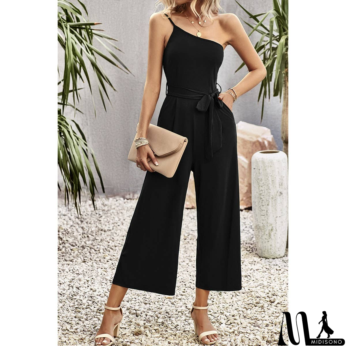 MidiSono - One Shoulder Belt Knot High Waist Jumpsuit