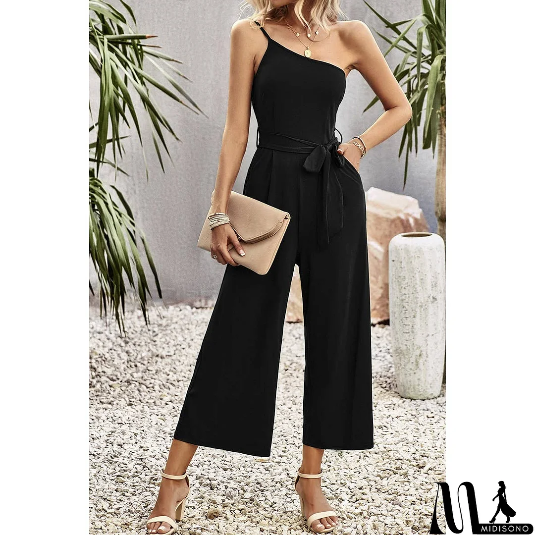 MidiSono - One Shoulder Belt Knot High Waist Jumpsuit