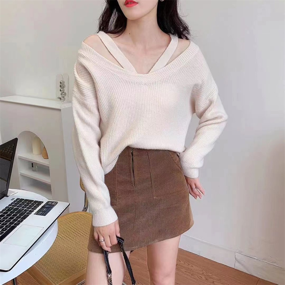 Iplaynox New Korean Style Women's Pullover Loose Design for Autumn Winter Tops Hanging Neck and Off Shoulder Knitted Ladies Sweater Tops