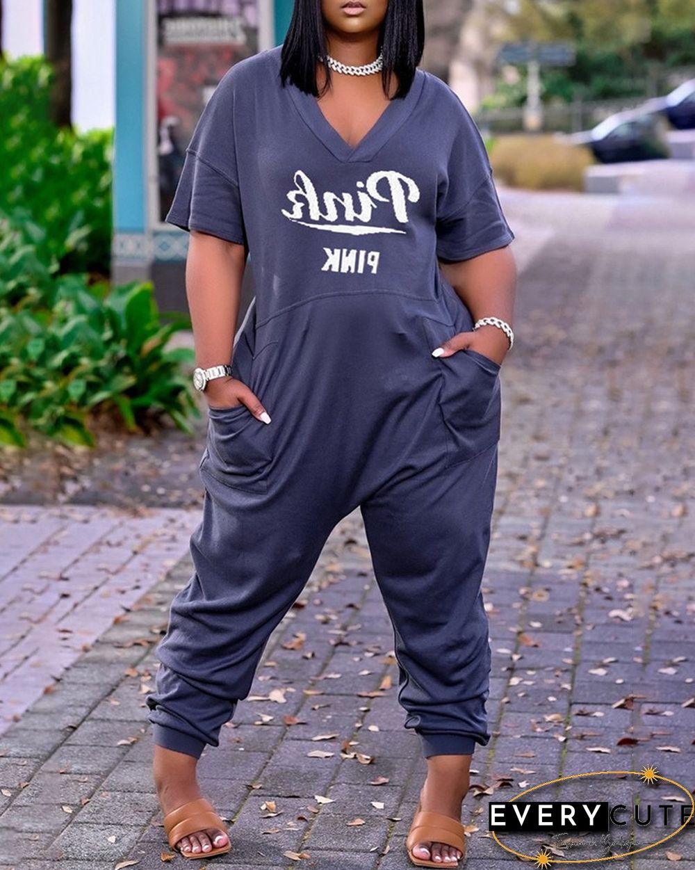 Letter Print V-Neck Short Sleeve Pocket Design Jumpsuit