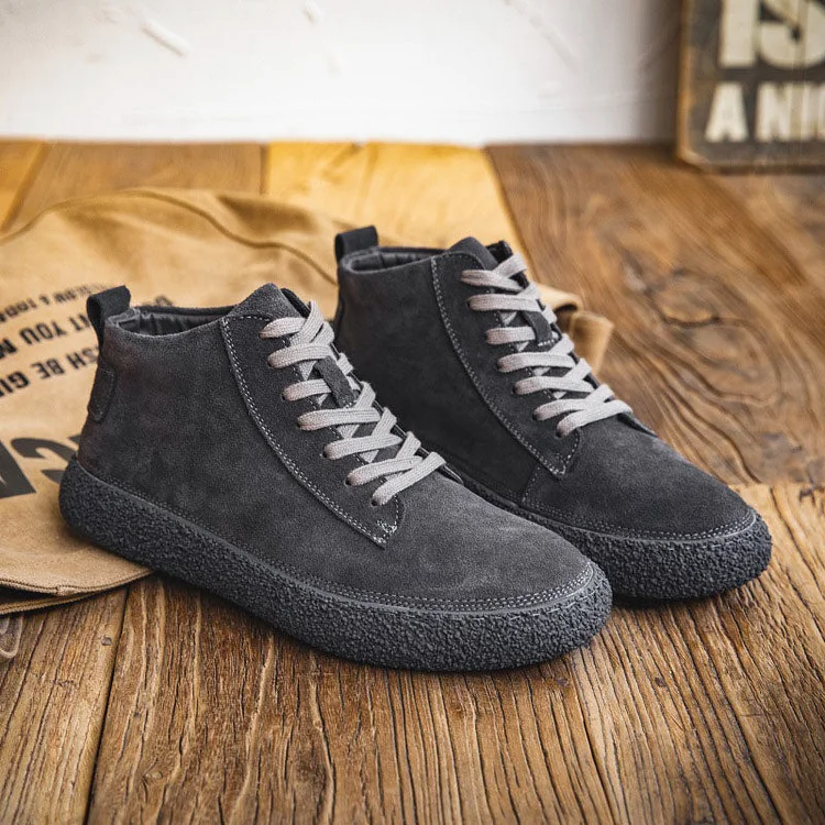 Lace-Up Cow Suede Vintage Flat High-Top Casual Boots