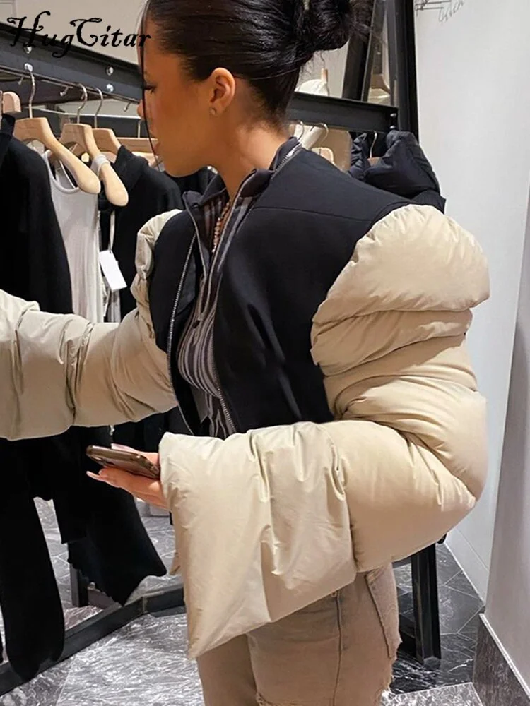 Hugcitar Patchwork Down Coat Puffer Jacket Coats Extra Long Sleves Women Christmas Bubble Cropped Outerwear Warm Clothing