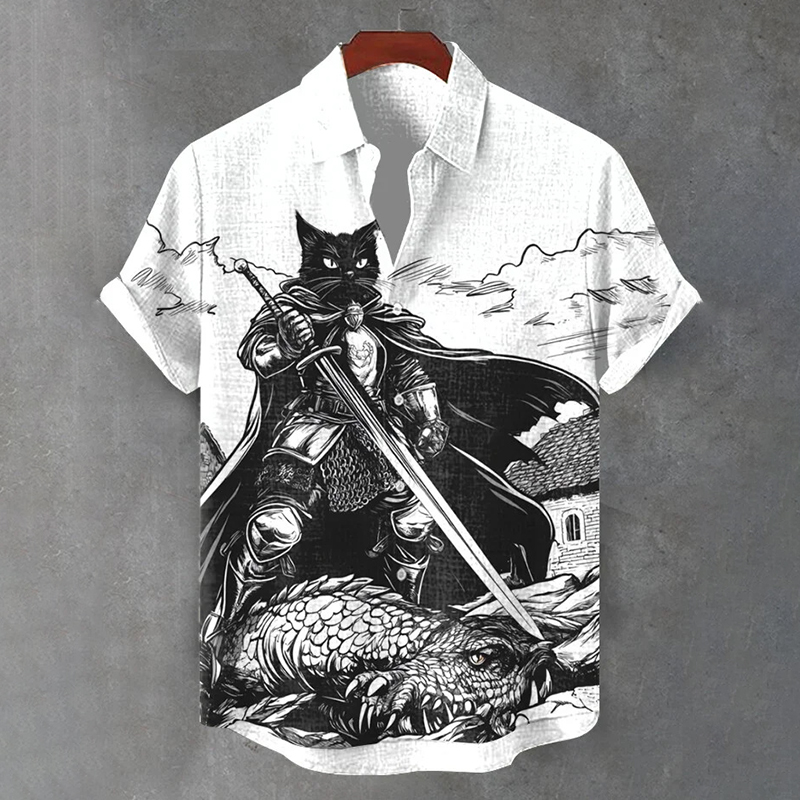 Men's Black Cat Warrior Fights Dragon Art Print Short Sleeve Shirt  artssus