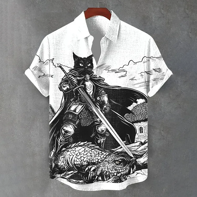 Men's Black Cat Warrior Fights Dragon Art Print Short Sleeve Shirt