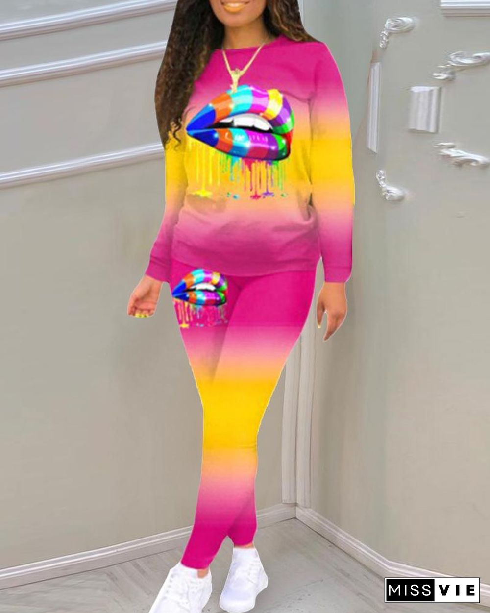 Gradient Color Block Lip Print Long Sleeve Active Sets