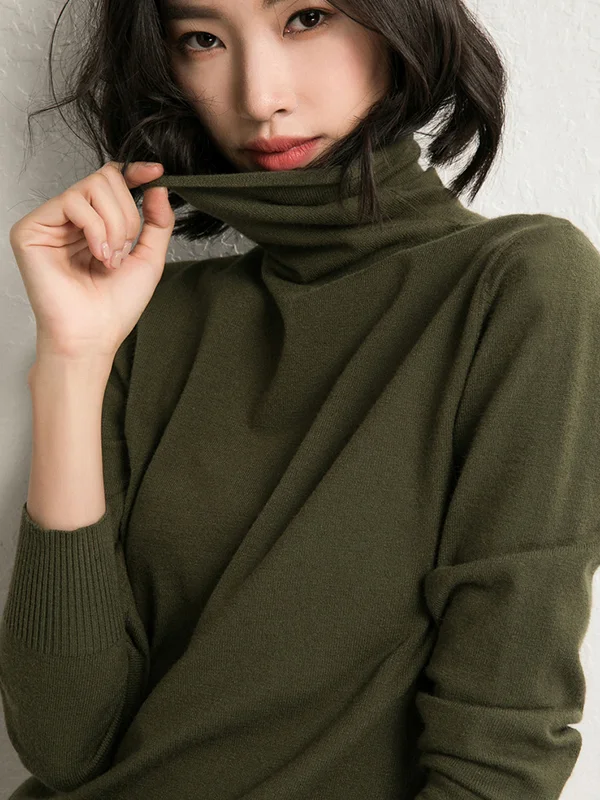 Simple Loose Long Sleeves Solid Color High-Neck Sweater Tops