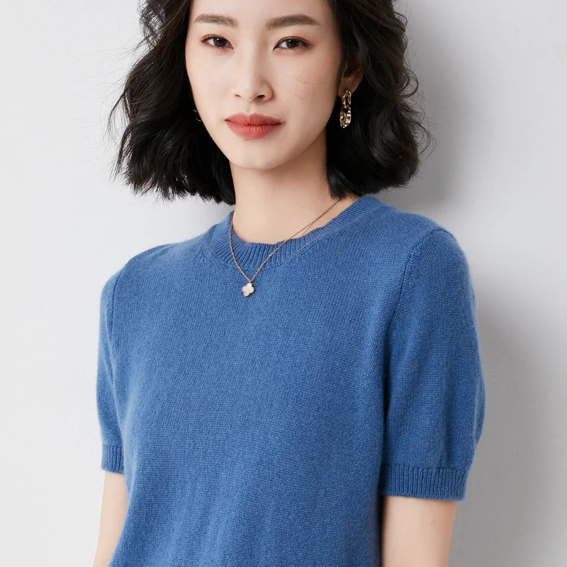 Churchf Churchf Female Round Collar Loose T-Shirt Inside Build Sweater Spring Autumn Base Outside Wear Short Sleeve Hair