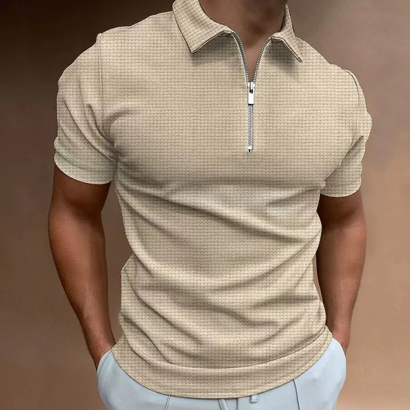 Men's Outdoor Zipper Polo Shirts Waffle Knit Casual Golf Shirt