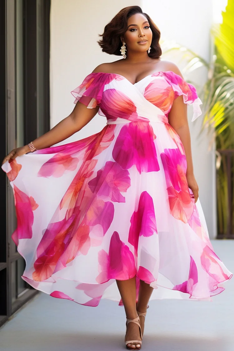 Xpluswear Design Plus Size Vacation Pink Sundress Floral Off The Shoulder Ruffle Chiffon Maxi Dresses [Pre-Order] 2024 - Xpluswear
