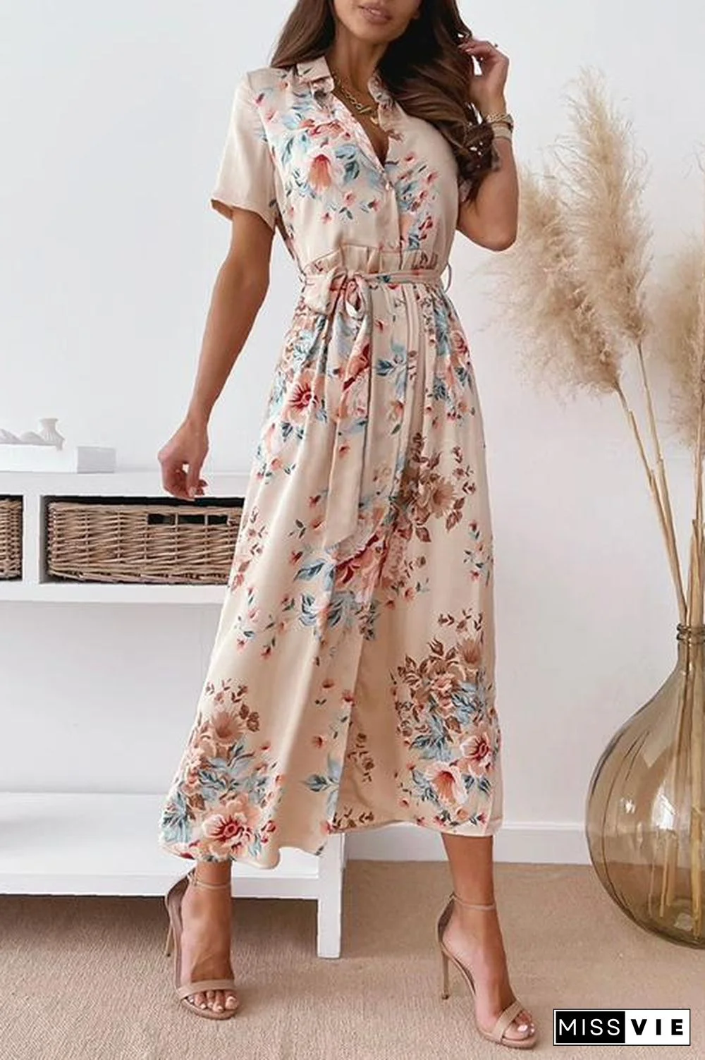 Vacation Print Short Sleeve Shirt Dress