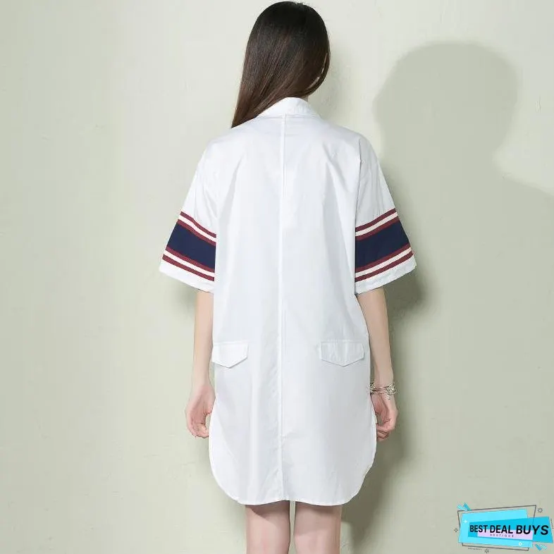 White cotton plus size shirt dress women sundress navy sleeves