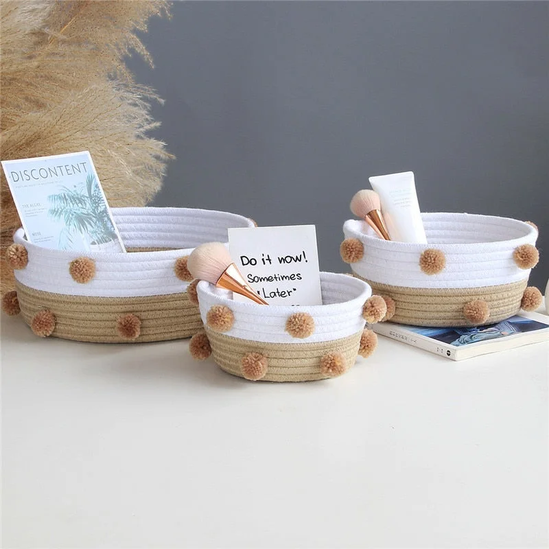 INS Nordic Cotton Rope Woven Storage Baskets Dirty Clothes Laundry Basket With Pompom Sundries Desktop Sundries Organizer Hamper
