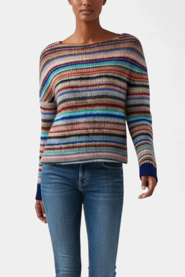 Striped Boat-Neck Sweater with Long Sleeves