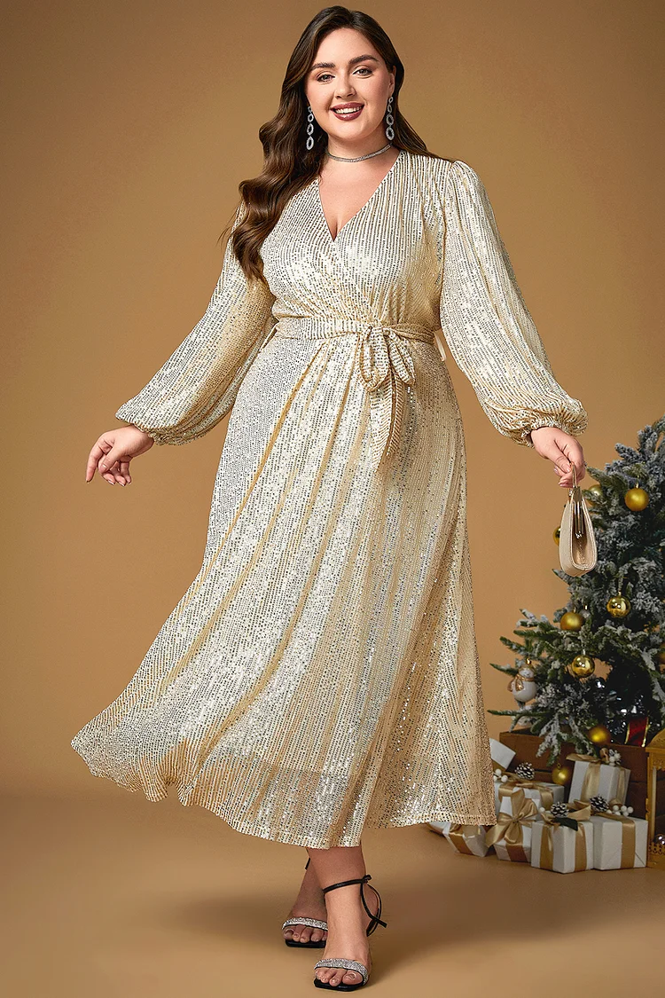 Flycurvy Plus Size Christmas Gold Sparkly Sequin Lantern Sleeve Lace-Up Tunic Tea-Length Dress