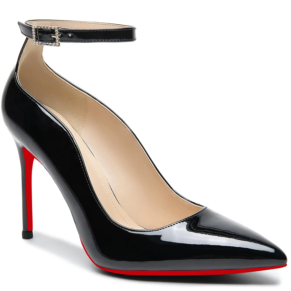 100mm Women's Wedding Party Heels Classic Color Red Bottom Patent Ankle Strap Pumps -vocosishoes