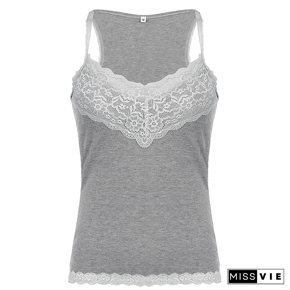 Hirigin Y2K Grey Lace Crop Top V Neck Strap Cute Sweet Mini Vest Backless Vintage Women Basic Corset Sweats Summer Party Tee